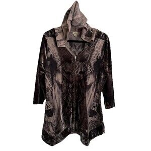 One World Asymmetrical Hoodie Tunic L Zip Front Neutral Colors Whimsigoth